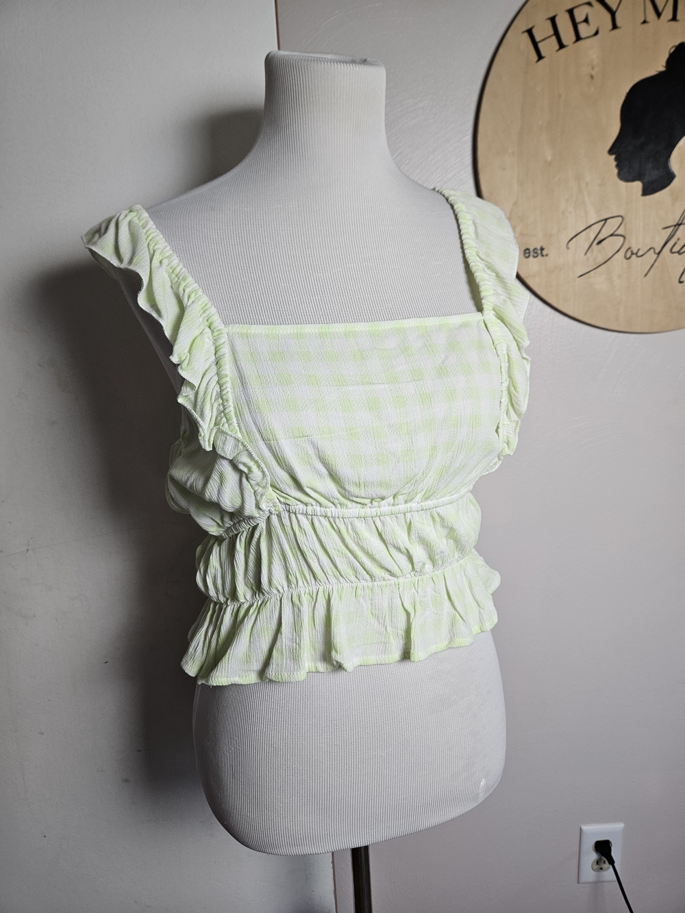 Derek Heart Light Green Gingham Ruffle Crop Top